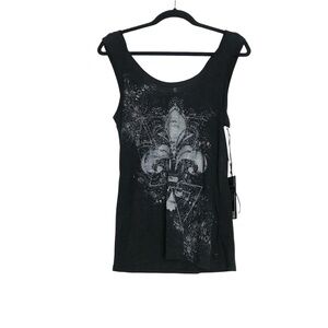 Rock & Republic Womens Y2K Bling Black Fleur De Lis Glitter Graphic Tank Size M